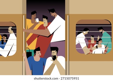 Passageiros viajando em um trem lotado na Índia, retratando as viagens urbanas cotidianas, transporte público e vida moderna 