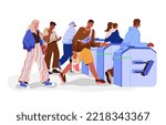 Passengers crowd pass turnstile entrance with electronic cards, tickets. People citizens go through tourniquet. Automatic access control. Flat graphic vector illustration isolated on white background