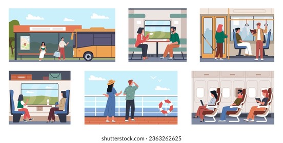 Passengers in different city transport. Ship, bus or train travelers, people commute long distance, sitting and standing. Urban transportation. Cartoon flat isolated nowaday vector set