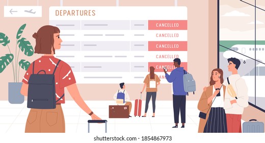 Passengers disappointed with flight cancellation. People looking at schedule board with information about canceled flights in waiting hall of international airport. Colorful flat vector illustration