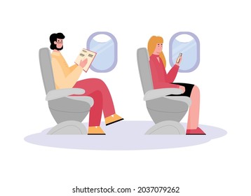 pasajeros durante el vuelo en avión sentados en sus asientos, ilustración plana vectorial de dibujos animados aislada en fondo blanco. Caricatura de hombre y mujer en avión.