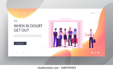 Passengers in Elevator Website Landing Page. Different People Stand in Lift with Open Doors Stopped on Floor of Building with Man Push Button Outside Web Page Banner. Cartoon Flat Vector Illustration
