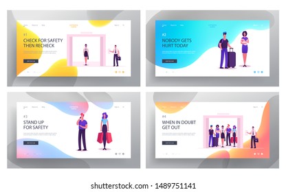 Passengers in Elevator Website Landing Page Set. Male and Female Characters Using Lift Transportation in House Office or Shopping Mall Building Web Page Banner. Cartoon Flat Vector Illustration