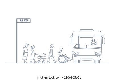 Passengers entering the bus at the bus stop. Road trip and people concept . Vector illustration in line art style