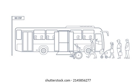 Passengers entering the bus at the bus stop. Road trip and people concept . Vector illustration in line art style