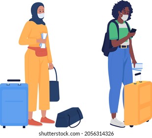 Passengers in face masks semi flat color vector character set. Diverse figures. Full body people on white. Safety rule isolated modern cartoon style illustration for graphic design and animation pack
