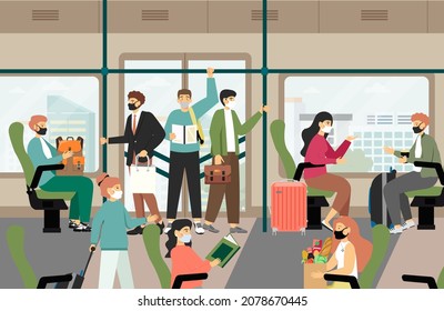 Passengers in face masks traveling by bus, tram. People commuting safety on city public transport, vector illustration.