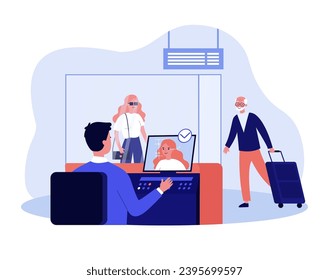 Passengers faces recognition at airport check-in vector illustration. Man using modern technology for scanning people faces at airport. Security, control, face recognition concept