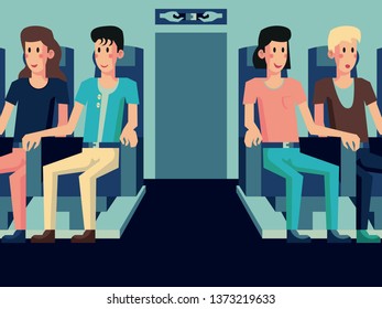 Passengers fasten seat belts sitting in chairs in plane. Flight safety and soft landing. Protecting from turbulence during travel. Security on airplane board. Flat cartoon vector illustration
