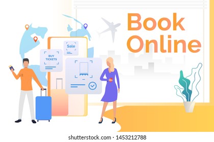 Passengers holding baggage and smartphone. Flight, mobile app, tourism. Booking online concept. Vector illustration can be used for banners, poster, presentation slide