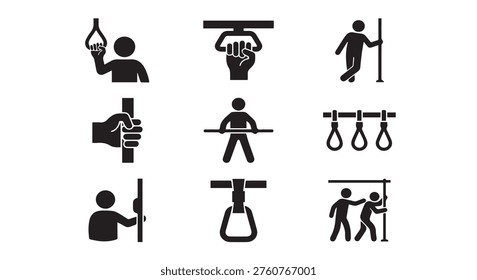 Passengers holding onto bus and train handles icons set