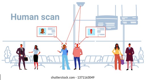 passengers identification facial recognition concept people standing modern airport hall interior security camera surveillance cctv system sketch doodle horizontal