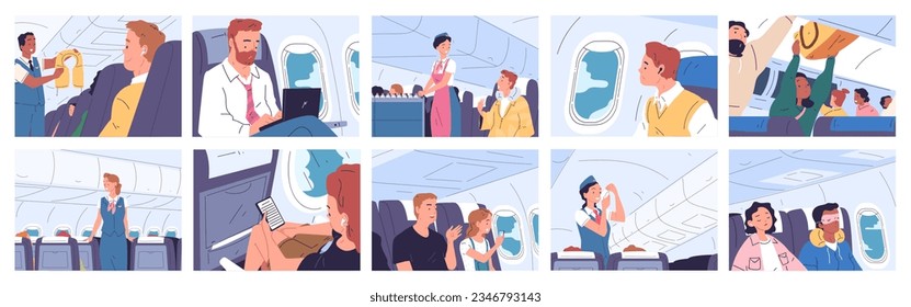 Passengers inside airplane. People with bags aboard airline in plane cabin, flight stewardess service, man sleep or working at aircraft, travel vacation vector illustration of passenger inside plane