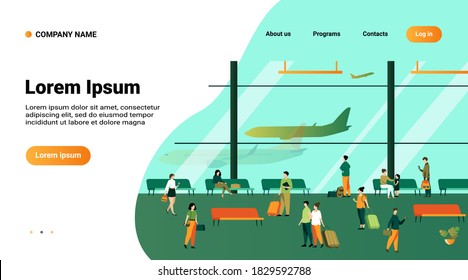 Passengers inside airport building with large panoramic windows flat vector illustration. Cartoon character waiting plane, sitting on benches, walking with baggage. Transport and tourism concept