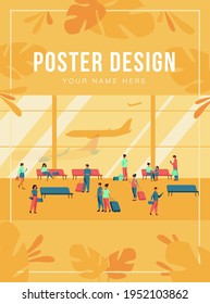 Passengers inside airport building with large panoramic windows flat vector illustration. Cartoon character waiting plane, sitting on benches, walking with baggage. Transport and tourism concept