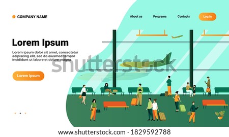 Passengers inside airport building with large panoramic windows flat vector illustration. Cartoon character waiting plane, sitting on benches, walking with baggage. Transport and tourism concept