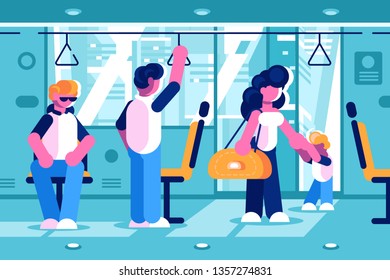 Passengers inside the bus vector illustration. People standing sitting and going in public transport flat style concept. Men woman and child in coach. Autobus interior