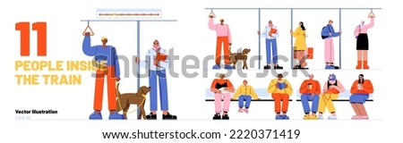 Passengers inside subway train car. Diverse people standing and sitting in railway wagon, man with dog, young couple, muslim girl, characters with book and phone, vector flat illustration