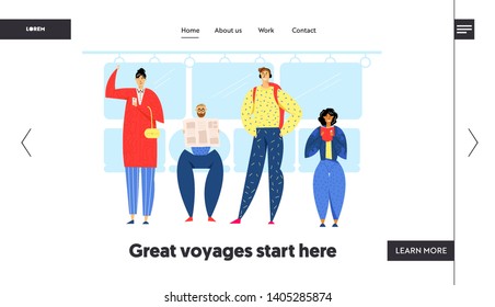 Passengers Inside Underground Train Landing Page. People Characters in Public Transport Sitting and Reading. Man and Woman Holding a Handle on Bus Website Banner. Vector flat illustration