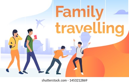 Passengers with joyful children waiting boarding in airport. Vacation, airlines, flight. Family travelling concept. Vector illustration can be used for presentation slides, poster or banner templates