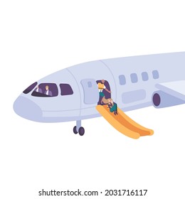 Passengers in life vests leaving plane on emergency slide flat vector illustration