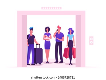 Passengers in Lift. Different People Stand in Elevator with Open Doors. Group of Various Men and Women Characters Waiting Inside Lift Stopped on Floor of Building. Cartoon Flat Vector Illustration