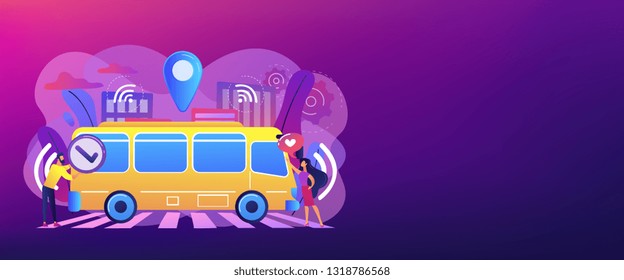 Passengers like and approve autonomos robotic driverless bus. Autonomous public transport, self-driving bus, urban transport services concept. Header or footer banner template with copy space.