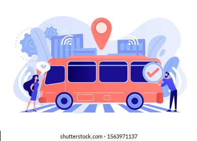 Passengers like and approve autonomos robotic driverless bus. Autonomous public transport, self-driving bus, urban transport services concept. Pinkish coral bluevector isolated illustration