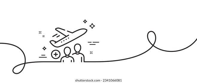 Passengers line icon. Continuous one line with curl. Plane travel flight sign. Airport plane transport symbol. Passenger single outline ribbon. Loop curve pattern. Vector