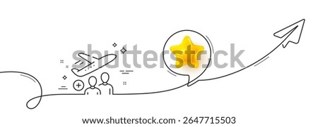 Passengers line icon. Continuous line with share plane. Plane travel flight sign. Airport plane transport symbol. 3d star in speech bubble. Passenger single line ribbon. Loop curve pattern. Vector