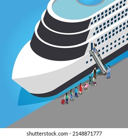 Pasajeros en fila esperando llegar al extranjero cruceros barco isométrico 3d concepto de ilustración vectorial