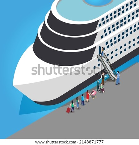 Passengers in line waiting to get abroad cruise ship isometric 3d vector illustration concept