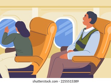 Passengers looking out of window of aircraft, traveling by air. People in plane having flight, commuting and having trip. Man and woman with fastened belts and comfy seats. Vector in flat style