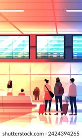 passengers with luggage in arrival waiting room or departure lounge international airport terminal interior vertical