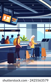 passengers with luggage in arrival waiting room self check in at automatic machine or buying tickets in interactive terminal airport interior