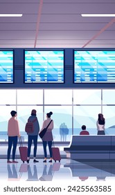 passengers with luggage in arrival waiting room or departure lounge international airport terminal interior