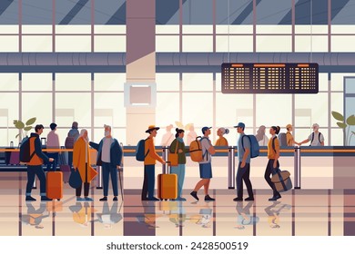 passengers with luggage in arrival waiting room or departure lounge international airport terminal interior horizontal vector illustration