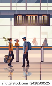 passengers with luggage in arrival waiting room or departure lounge international airport terminal interior vertical