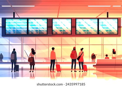 passengers with luggage in arrival waiting room or departure lounge international airport terminal interior horizontal