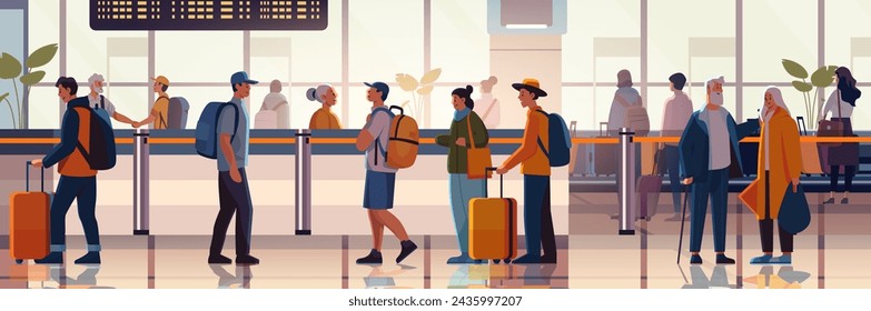 passengers with luggage in arrival waiting room or departure lounge international airport terminal interior horizontal