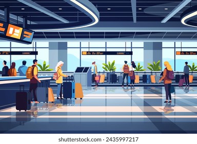 passengers with luggage in arrival waiting room self check in at automatic machine or buying tickets in interactive terminal airport interior