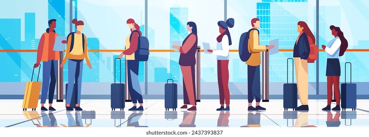 passengers with luggage in arrival waiting room or departure lounge international airport terminal interior horizontal