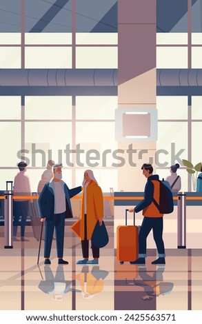 passengers with luggage in arrival waiting room or departure lounge international airport terminal interior vertical