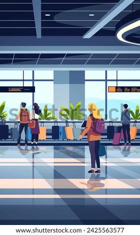 passengers with luggage in arrival waiting room or departure lounge international airport terminal interior vertical