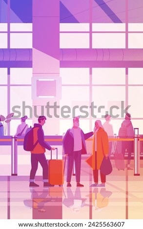 passengers with luggage in arrival waiting room or departure lounge international airport terminal interior vertical