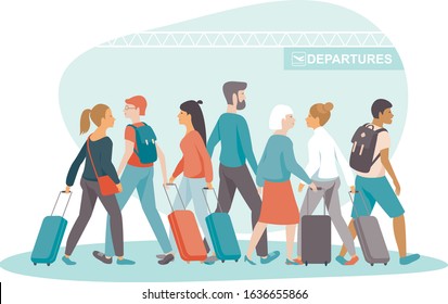 passengers with luggage crowding in departures area flat vector illustration