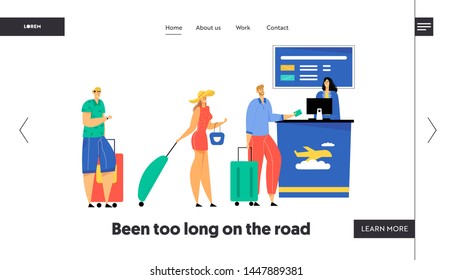 Passengers with Luggage Stand in Queue Preparing Documents for Flight Registration in Airport, Check in Boarding, Friendly Staff Website Landing Page, Web Page. Cartoon Flat Vector Illustration Banner