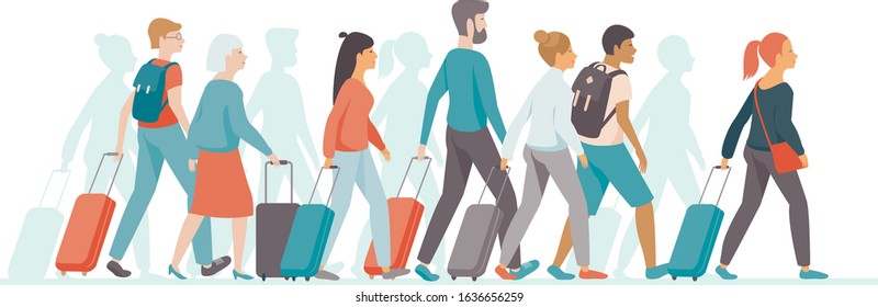 passengers with luggage standing in queue in departures area