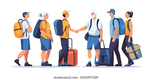 passengers with luggage standing together in line queue travel vacation concept horizontal