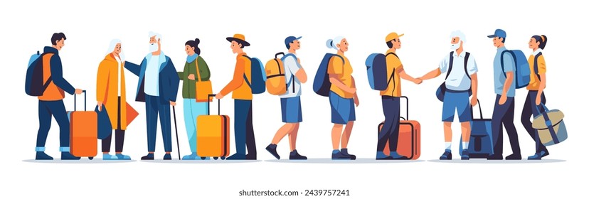 passengers with luggage standing together in line queue travel vacation concept horizontal